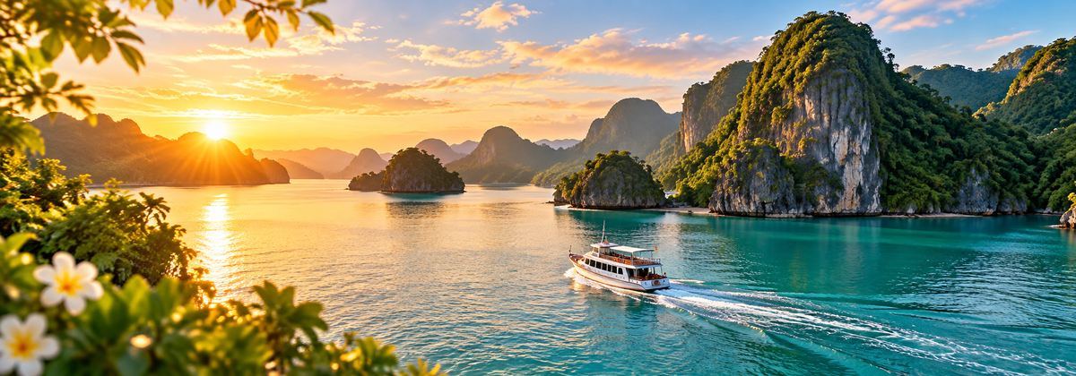 Thuyền du lịch trên vịnh núi lúc bình minh