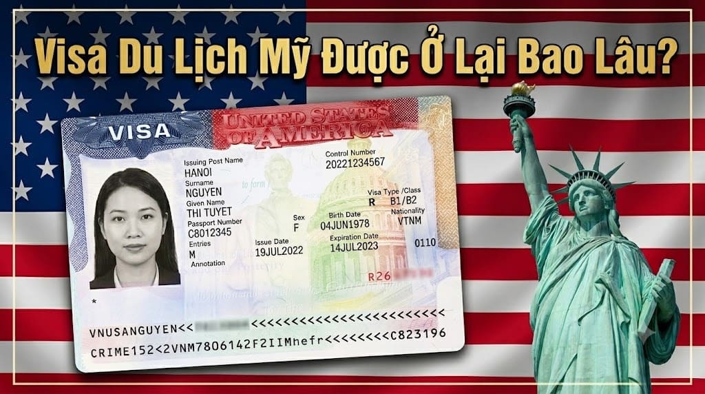 Hình ảnh thẻ visa Mỹ có ảnh một người phụ nữ, đặt trên nền cờ Mỹ. Tượng Nữ thần Tự do ở bên phải. Văn bản tiếng Việt phía trên hỏi: 'Bạn có thể ở lại Mỹ bao lâu với visa du lịch?