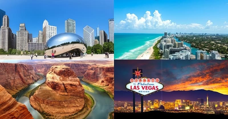 Tour Mỹ Liên Tuyến Đông Tây 2026 Một bức tranh ghép các địa danh nổi tiếng của Hoa Kỳ: Tượng "The Bean" ở Chicago, bờ biển Miami, Grand Canyon và đường chân trời Las Vegas lúc hoàng hôn với ánh đèn neon rực rỡ. Sống động và mang tính biểu tượng.