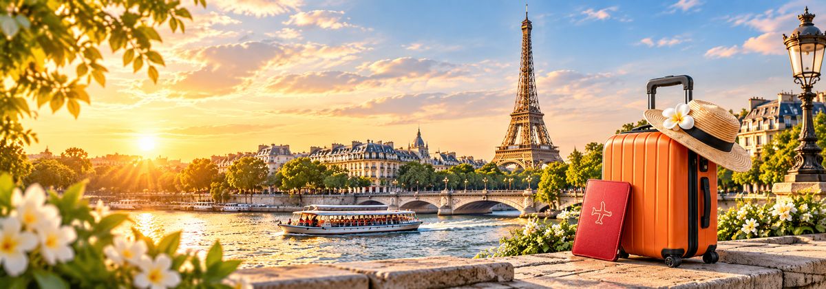 Vali cam, mũ rơm và hộ chiếu bên sông Seine, phía sau là tháp Eiffel ở Paris lúc hoàng hôn