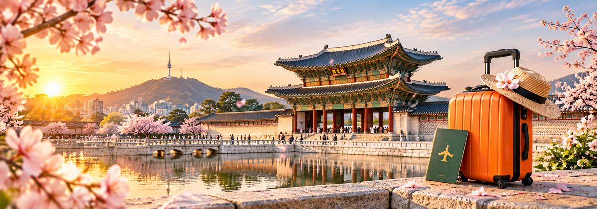 Vali cam, mũ rơm và hộ chiếu đặt trước cung điện Gyeongbokgung cùng tháp N Seoul giữa mùa hoa anh đào