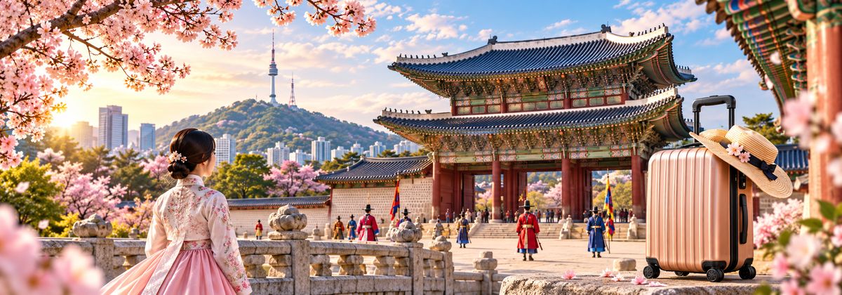 Cô gái mặc Hanbok và vali du lịch bên cung điện Gyeongbokgung với tháp N Seoul phía xa giữa rợp trời hoa anh đào