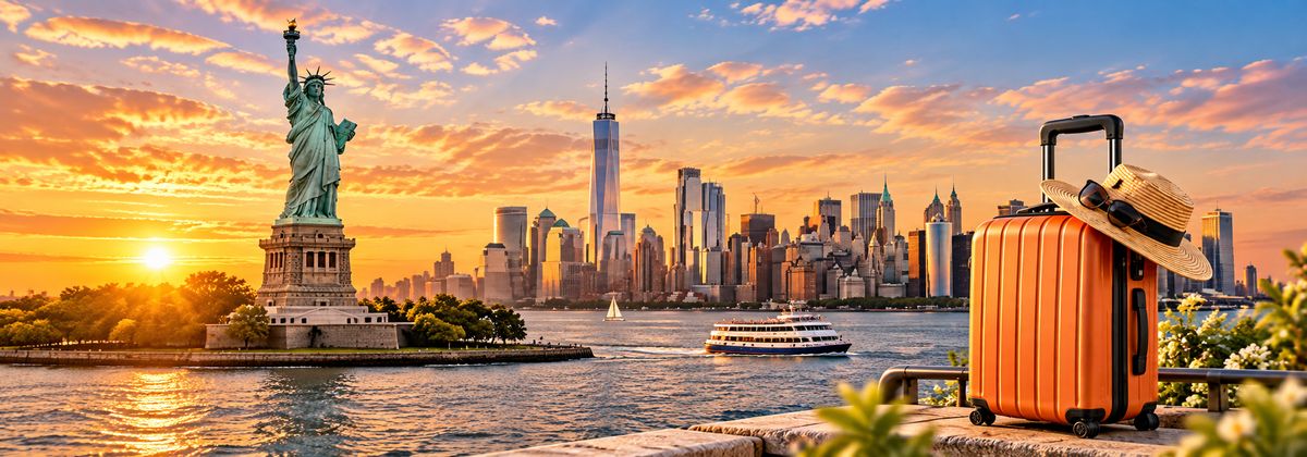 Vali cam và mũ rơm bên toàn cảnh Tượng Nữ thần Tự do cùng skyline New York dưới ánh hoàng hôn