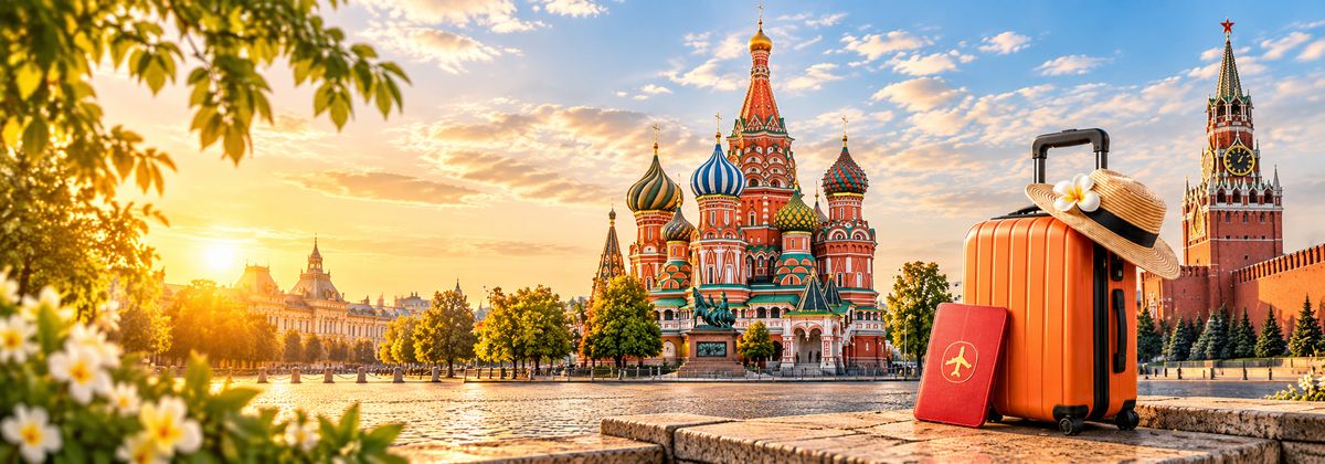 Vali cam, mũ rơm và hộ chiếu đặt trước nhà thờ Thánh Basil cùng điện Kremlin ở Nga lúc hoàng hôn