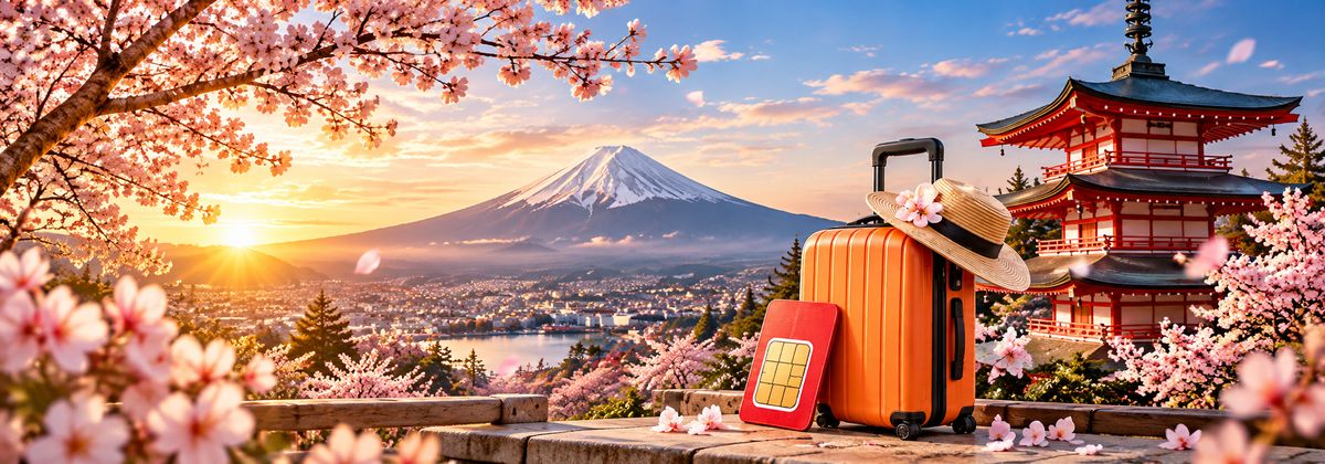 Vali cam và thẻ SIM bên khung cảnh núi Phú Sĩ cùng tháp chùa cổ dưới rợp trời hoa anh đào