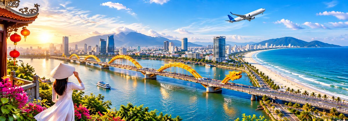 Cô gái mặc áo dài trắng đội nón lá nhìn ra Cầu Rồng Đà Nẵng, bờ biển và máy bay trên bầu trời
