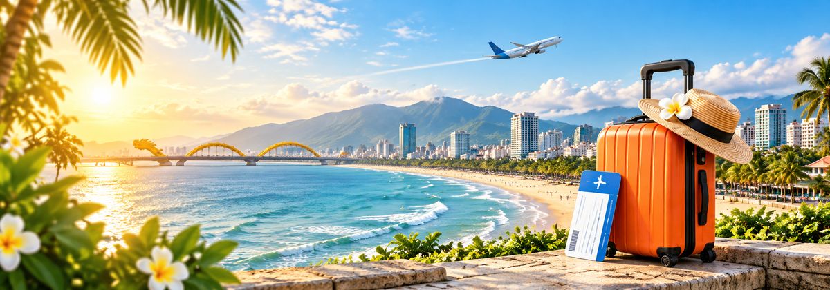 Vali cam, mũ rơm và vé máy bay bên bãi biển Đà Nẵng, phía sau là Cầu Rồng cùng máy bay trên bầu trời