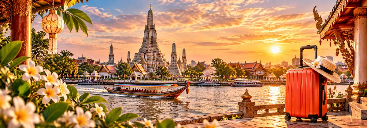 Vali cam và mũ rơm bên sông Chao Phraya với thuyền đuôi dài và chùa Wat Arun dưới ánh hoàng hôn Bangkok