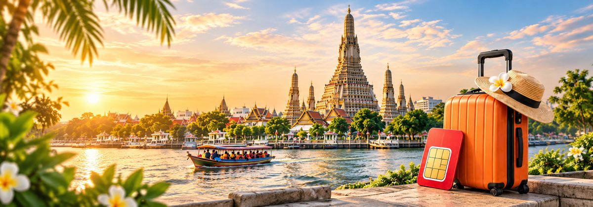 Vali cam, mũ rơm cùng thẻ SIM du lịch bên sông Chao Phraya, phía sau là chùa Wat Arun ở Thái Lan lúc hoàng hôn