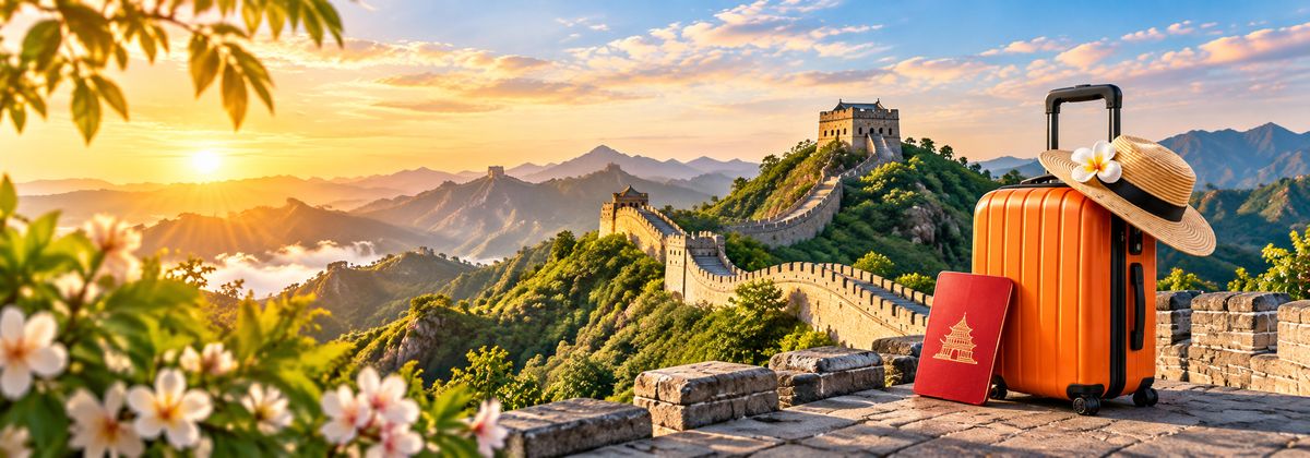 Vali cam, mũ rơm và hộ chiếu đặt trên bờ tường Vạn Lý Trường Thành lúc bình minh