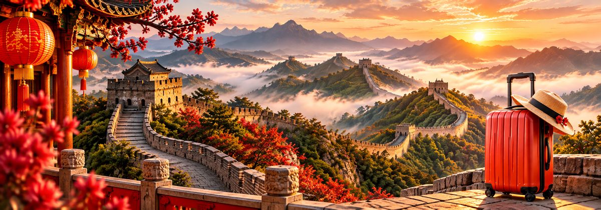 Vali đỏ và mũ rơm bên cảnh Vạn Lý Trường Thành uốn lượn qua núi đồi mù sương lúc bình minh, góc trái có lồng đèn đỏ