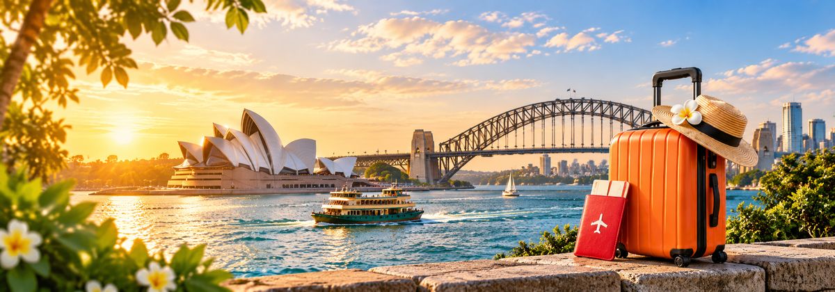 Vali cam, mũ rơm và hộ chiếu đặt trước nhà hát Opera Sydney cùng cầu Cảng Sydney lúc hoàng hôn