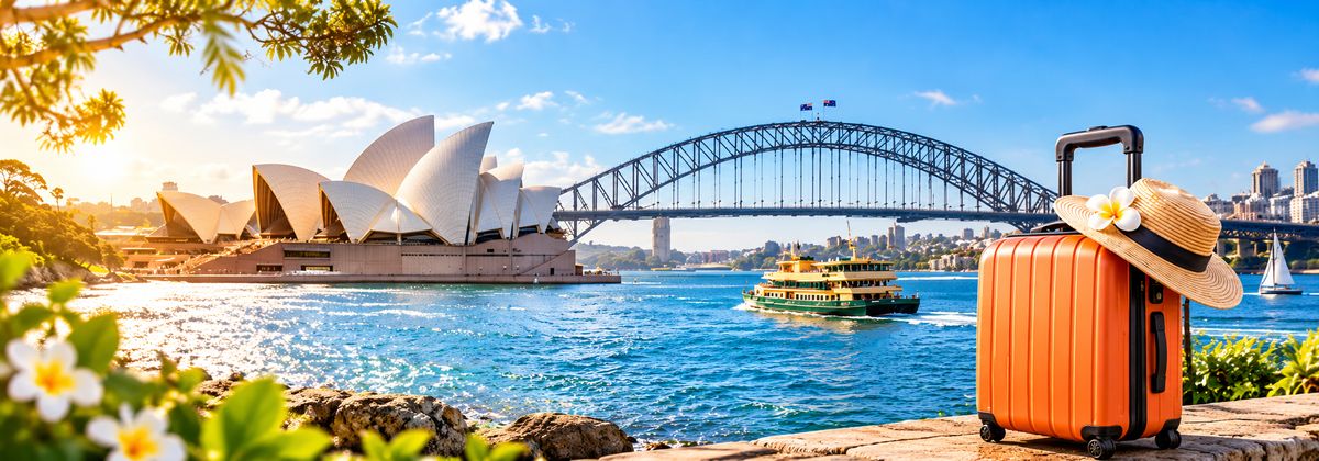 Vali cam và mũ rơm bên vịnh Sydney nhìn ra Nhà hát Opera Sydney, cầu Cảng Sydney và thuyền du lịch