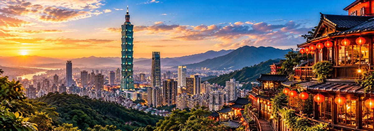 Toàn cảnh Đài Bắc với tháp Taipei 101 lúc hoàng hôn và kiến trúc nhà gỗ treo đèn lồng đỏ làng cổ Cửu Phần