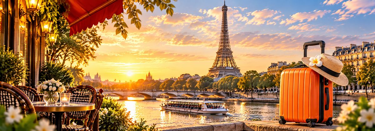 Vali cam và mũ rơm bên sông Seine nhìn ra tháp Eiffel và thuyền du lịch dưới ánh hoàng hôn Paris