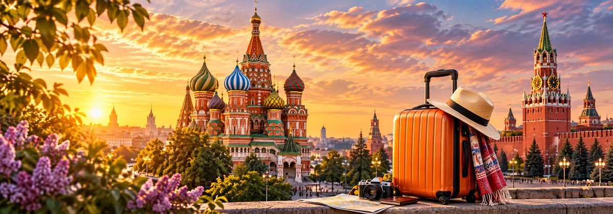 Vali cam và máy ảnh bên khung cảnh nhà thờ Thánh Basil cùng điện Kremlin dưới ánh hoàng hôn Moscow