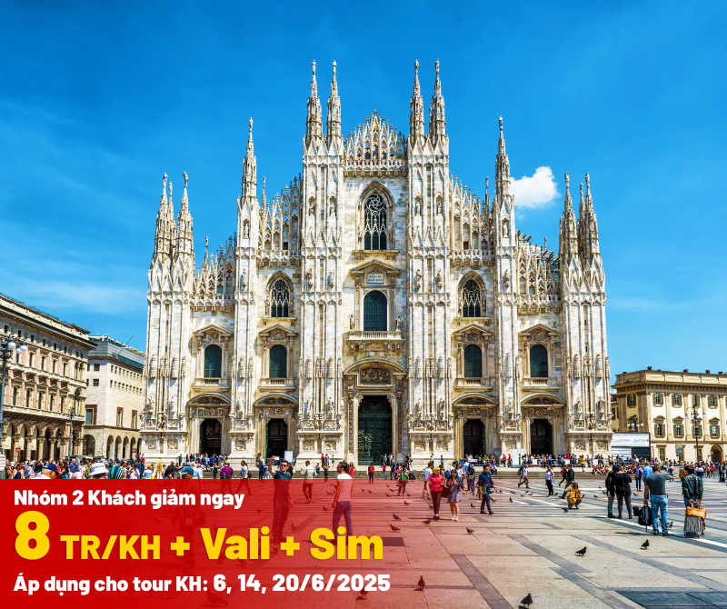 Nhà thờ Duomo Milan cùng du khách và chim bồ câu trên quảng trường, kèm banner khuyến mãi