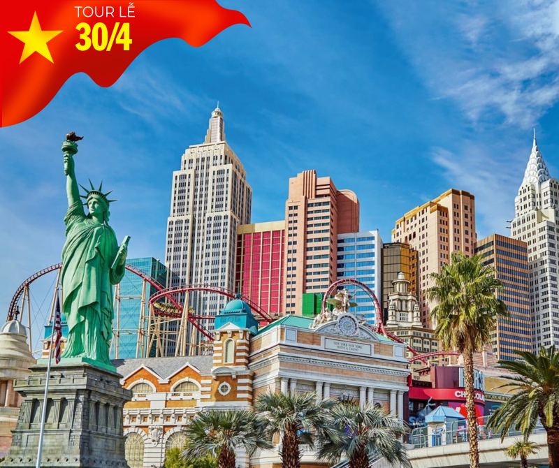 Khách sạn New York-New York ở Las Vegas với tượng Nữ thần Tự do và tàu lượn siêu tốc