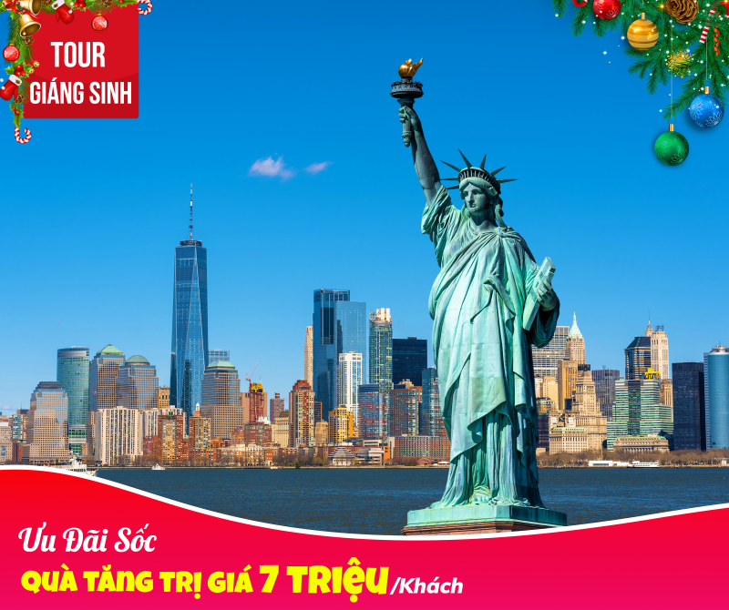 Tượng Nữ thần Tự do và các tòa nhà chọc trời New York kèm họa tiết trang trí Giáng sinh