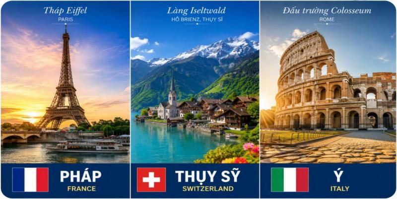 Tháp Eiffel, làng Iseltwald và đấu trường Colosseum trong tour Pháp – Thụy Sĩ – Ý