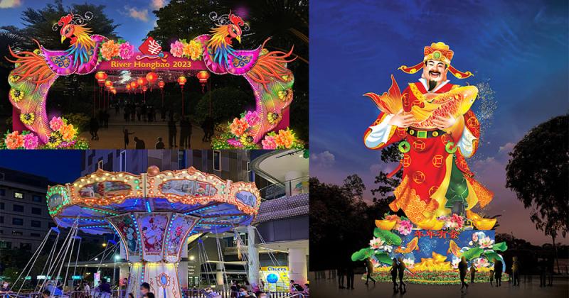 Những hình ảnh lễ hội Hồng Bao Sông Sắc Màu 2023: cổng vòm phượng hoàng rực rỡ, tượng thần được chiếu sáng cùng cá chép, và vòng quay ngựa gỗ sống động về đêm. Vui tươi và rộn ràng.