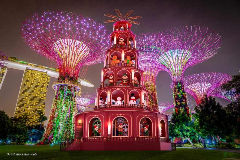Một khung cảnh về đêm với những cây thông Noel khổng lồ được thắp sáng và một màn trình diễn Giáng sinh nhiều tầng màu đỏ lớn với các hình tượng lễ hội, được đặt trong một khu vườn rực rỡ sắc màu.