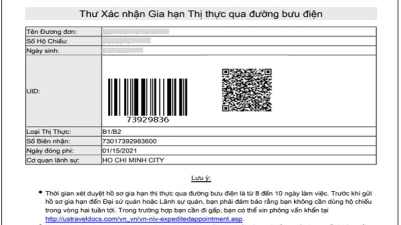 Giấy xác nhận gia hạn visa bằng tiếng Việt có mã QR và mã vạch. Thông tin chi tiết bao gồm loại visa, số visa, ngày cấp và địa điểm lãnh sự quán.