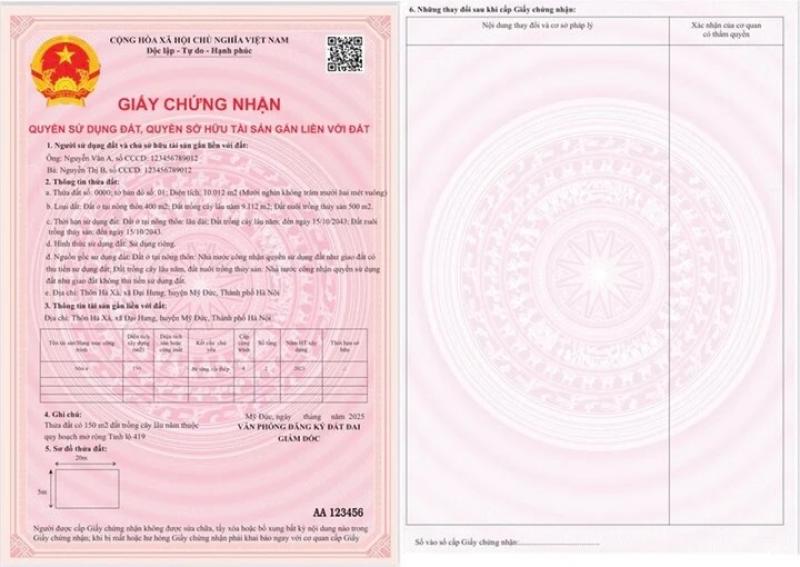 Hai trang Giấy chứng nhận quyền sử dụng đất Việt Nam màu hồng có Quốc huy, các thông tin chi tiết và sơ đồ thửa đất