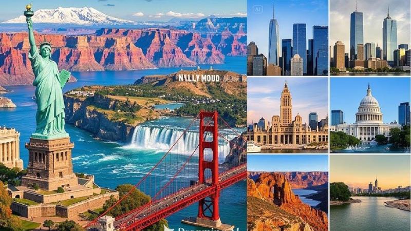 Một bức tranh ghép sống động về các địa danh nổi tiếng của Hoa Kỳ trên nền phong cảnh thiên nhiên, bao gồm Tượng Nữ thần Tự do, Cầu Cổng Vàng, đường chân trời thành phố New York và Hẻm núi Grand Canyon.