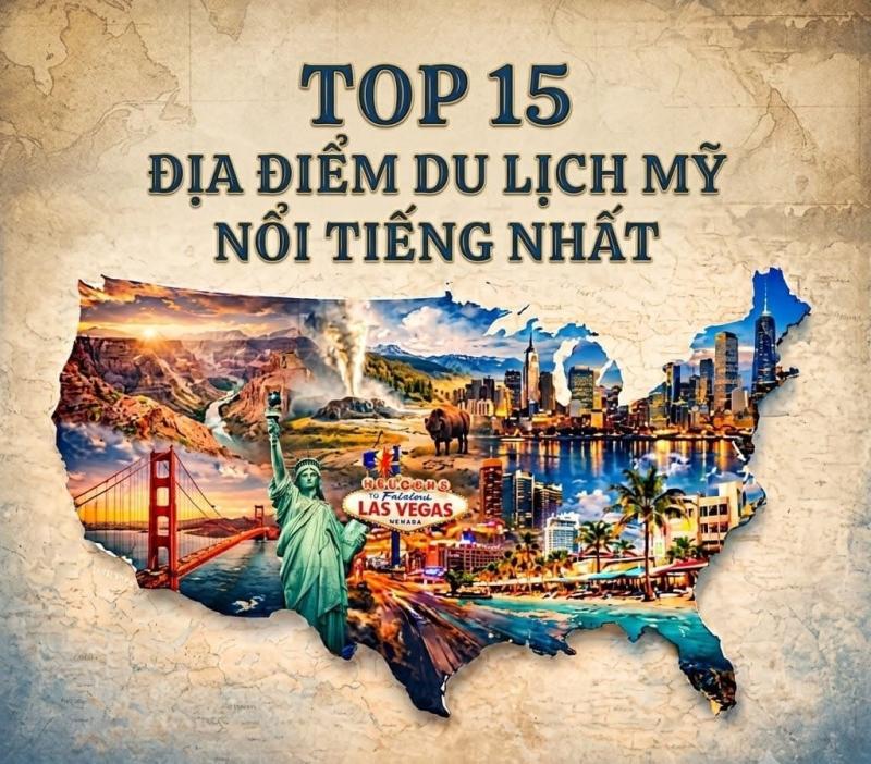 Bản đồ nước Mỹ với các địa danh nổi tiếng như Tượng Nữ thần Tự do, Cầu Cổng Vàng và biển hiệu Las Vegas, được phủ lên trên bằng văn bản tiếng Việt về các địa điểm du lịch hàng đầu.