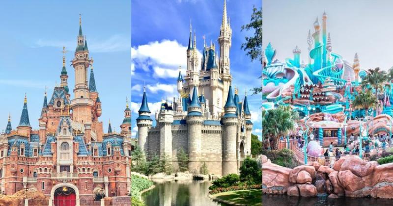 Ba lâu đài Disney từ các công viên khác nhau. Bên trái: lâu đài trang trí công phu, màu hồng; ở giữa: lâu đài đá cổ điển có hào nước; bên phải: lâu đài rực rỡ, kỳ ảo với tông màu xanh ngọc.