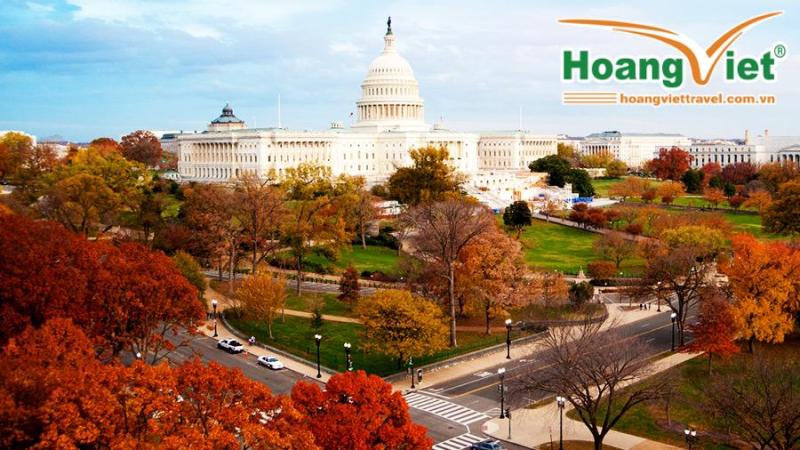Cảnh sắc mùa thu của Tòa nhà Quốc hội Hoa Kỳ ở Washington, D.C., được bao quanh bởi những tán lá mùa thu rực rỡ. Bầu trời nhiều mây, tạo nên một bầu không khí thanh bình.