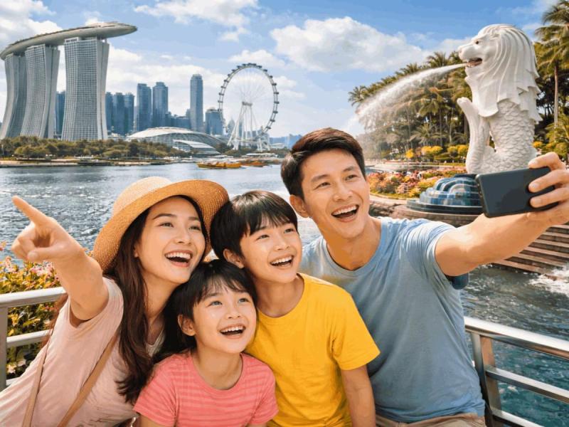 Một gia đình hạnh phúc chụp ảnh tự sướng bên bờ sông Singapore. Tượng Merlion phun nước gần đó, với Marina Bay Sands và Singapore Flyer ở phía xa.