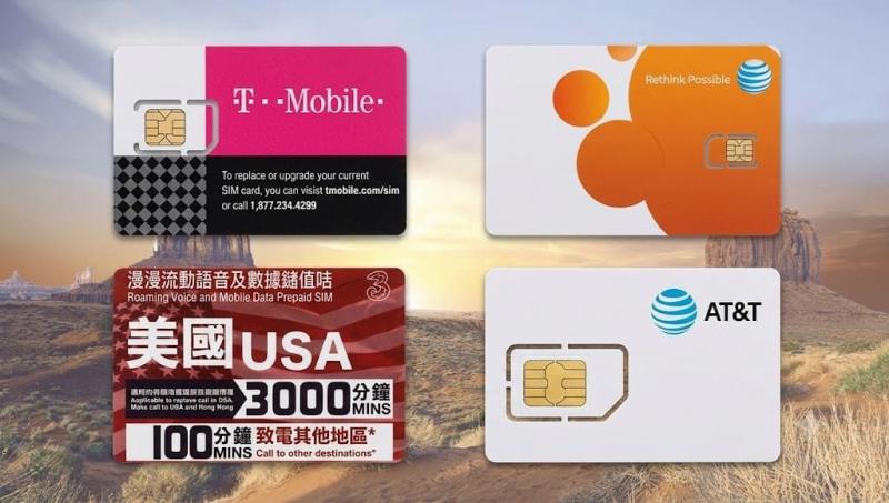 Bốn thẻ SIM điện thoại du lịch Mỹ của các nhà mạng T-Mobile, AT&amp;T và Three