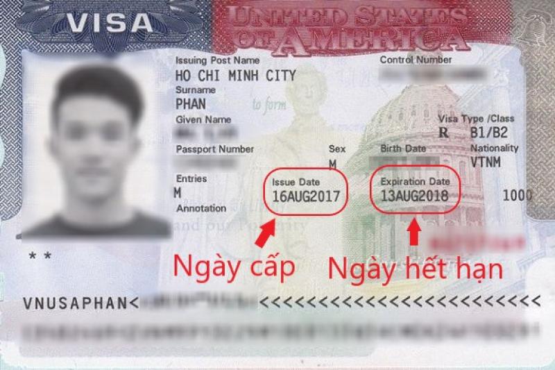 Hình ảnh visa Hoa Kỳ bao gồm ảnh chụp mờ, thông tin cá nhân, và ngày cấp và ngày hết hạn được đánh dấu bằng mũi tên màu đỏ cùng với văn bản tiếng Việt.