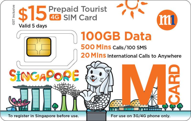Thẻ SIM 4G trả trước dành cho khách du lịch, giá 15 đô la, có hiệu lực 5 ngày, với 100GB dữ liệu, 500 phút gọi nội bộ và 20 phút gọi quốc tế. Có hình ảnh các địa danh nổi tiếng của Singapore.