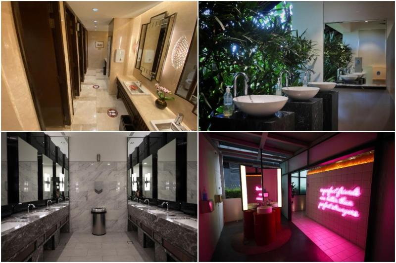 Một bức tranh ghép gồm bốn phòng vệ sinh đầy phong cách: màu be trang nhã với gương, chủ đề thiên nhiên với cây xanh, đá cẩm thạch bóng bẩy với bồn rửa hiện đại và màu hồng rực rỡ với ánh đèn neon.