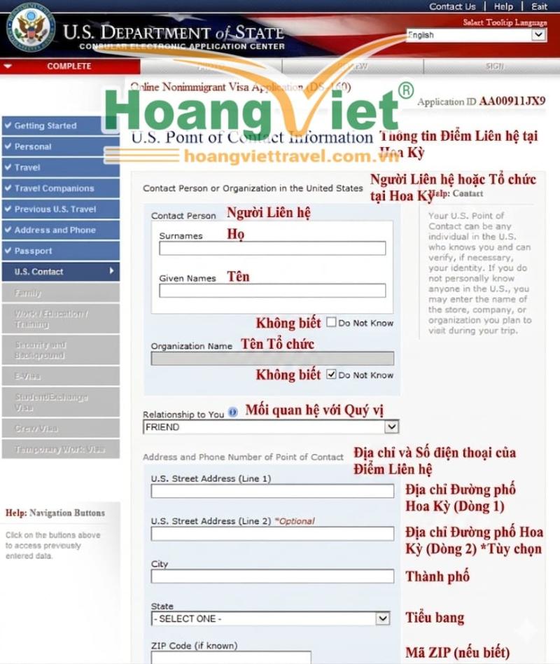 Ảnh chụp màn hình trang xin visa không định cư của Bộ Ngoại giao Hoa Kỳ, có các mục dành cho thông tin liên hệ. Văn bản tiếng Việt hiển thị trên màn hình hướng dẫn người dùng điền thông tin họ, tên tổ chức và địa chỉ. Giọng văn mang tính thông tin và hướng dẫn.