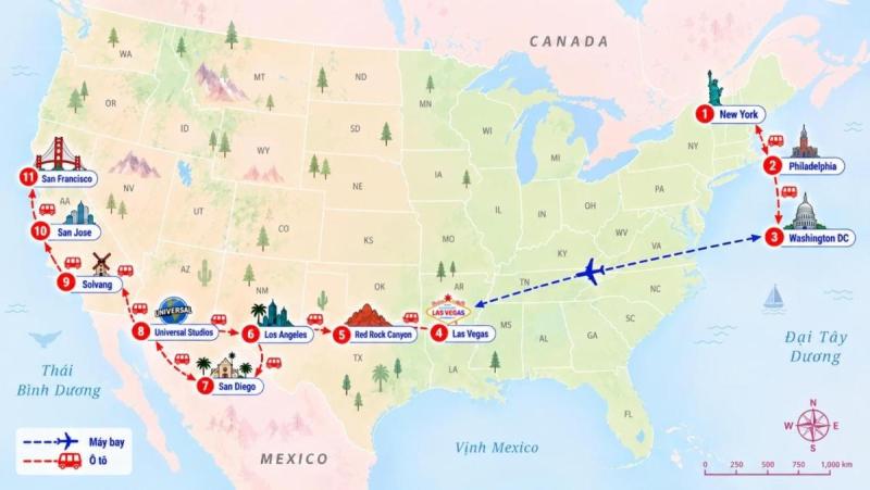 Bản đồ hành trình Đông Tây Mỹ 12 ngày
