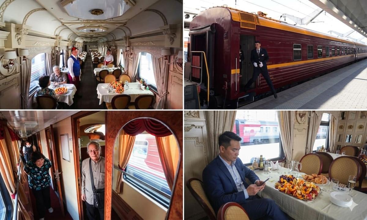 Cảnh quan nội thất và ngoại thất sang trọng của đoàn tàu, với phòng ăn trang nhã cùng nội thất cầu kỳ, hành khách trong trang phục lịch sự và một tiếp viên bên cạnh toa tàu màu đỏ.
