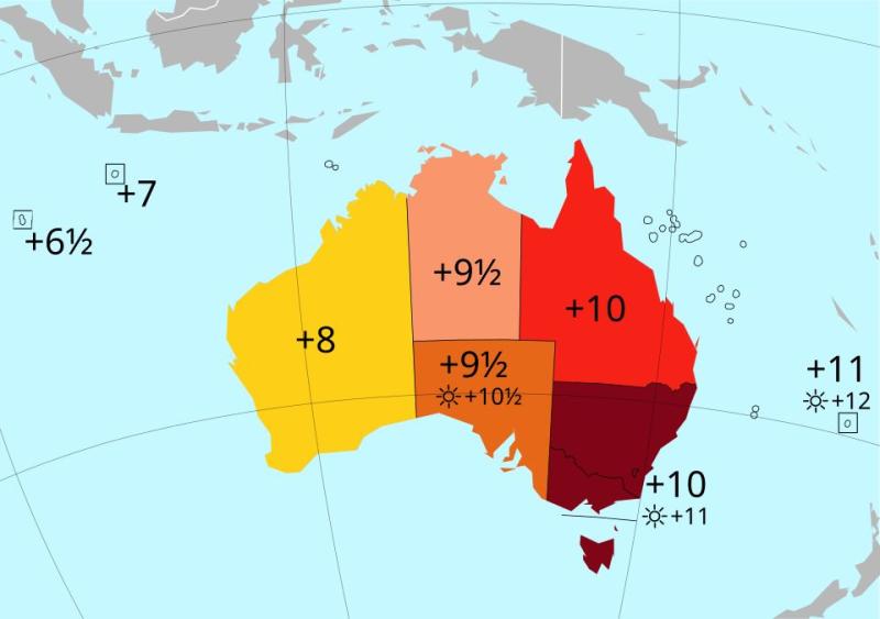 Bản đồ các múi giờ tiêu chuẩn và khu vực áp dụng DST tại Australia
