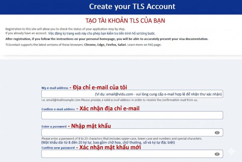 Giao diện tạo tài khoản TLScontact để thực hiện đặt lịch nộp hồ sơ visa Pháp.