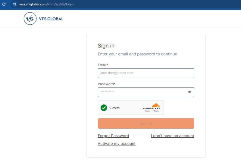 Màn hình đăng nhập VFS Global để đặt lịch nộp hồ sơ visa Ý.