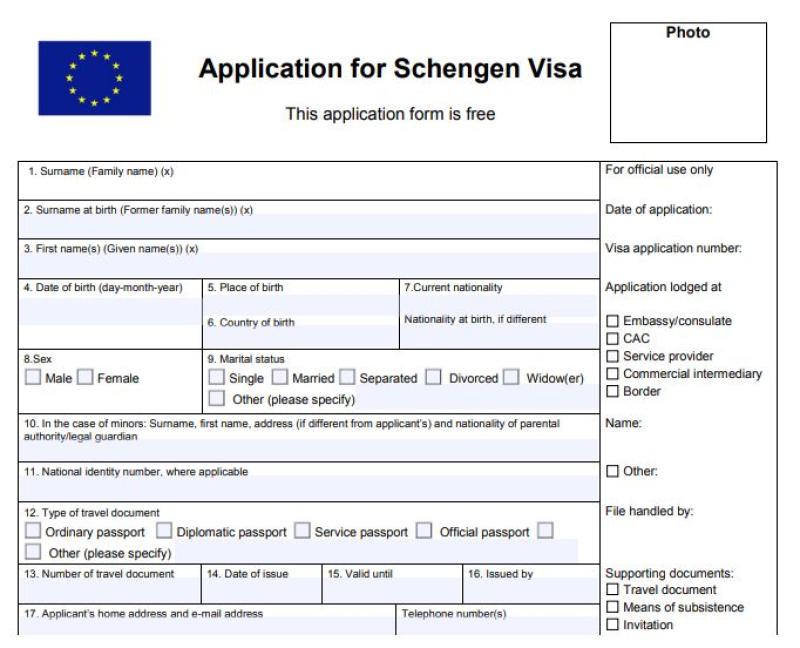 Mẫu đơn xin thị thực Schengen có các trường điền thông tin cá nhân và ô dán ảnh.