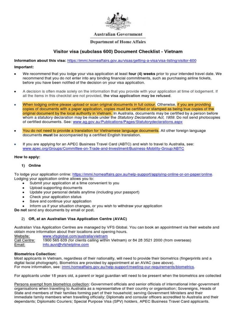 Checklist Visitor visa subclass 600 dành cho hồ sơ nộp tại Việt Nam