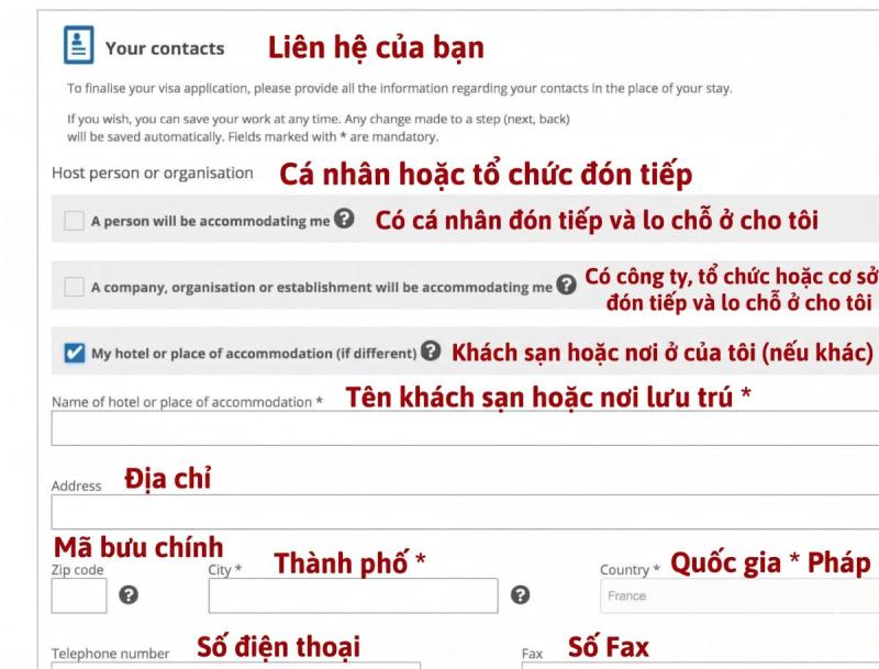 Biểu mẫu khai địa chỉ khách sạn và thông tin lưu trú trong hồ sơ visa Pháp.
