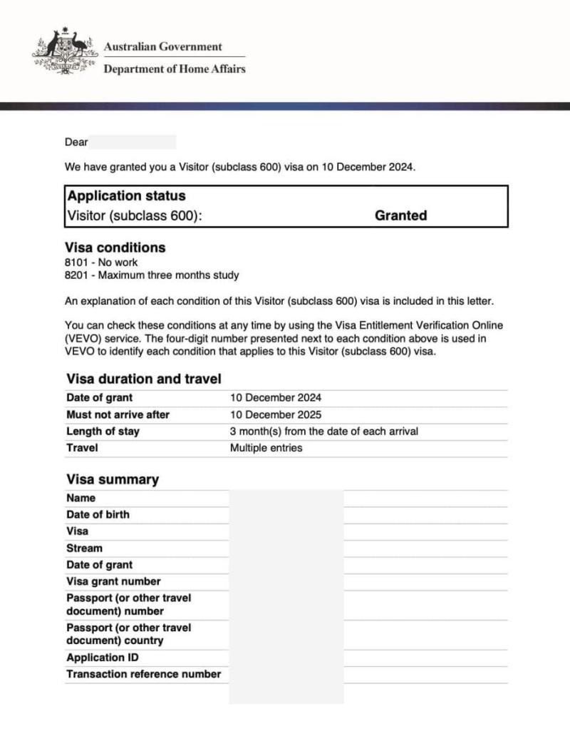 Mẫu thư cấp visa Úc Visitor subclass 600