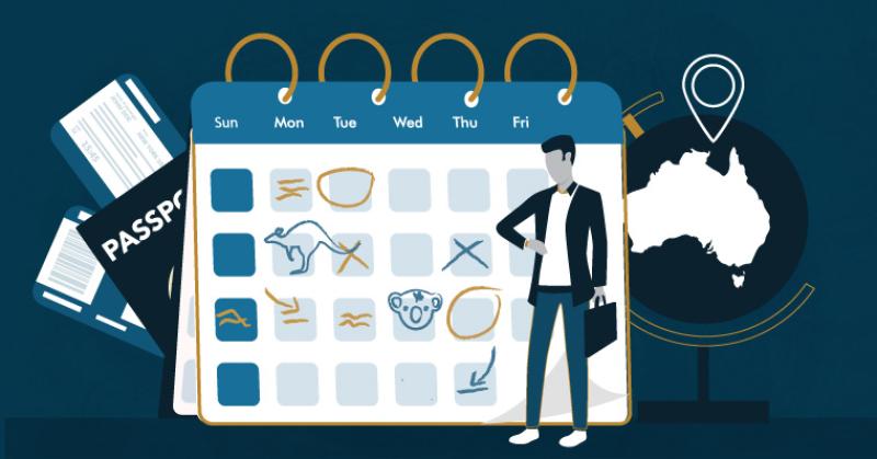 Hình minh hoạ lịch hẹn, hộ chiếu và bản đồ Úc về thời gian xét duyệt visa du lịch Úc