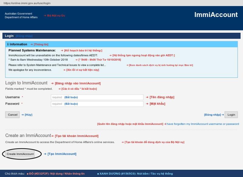 Trang đăng nhập ImmiAccount và nút Create ImmiAccount