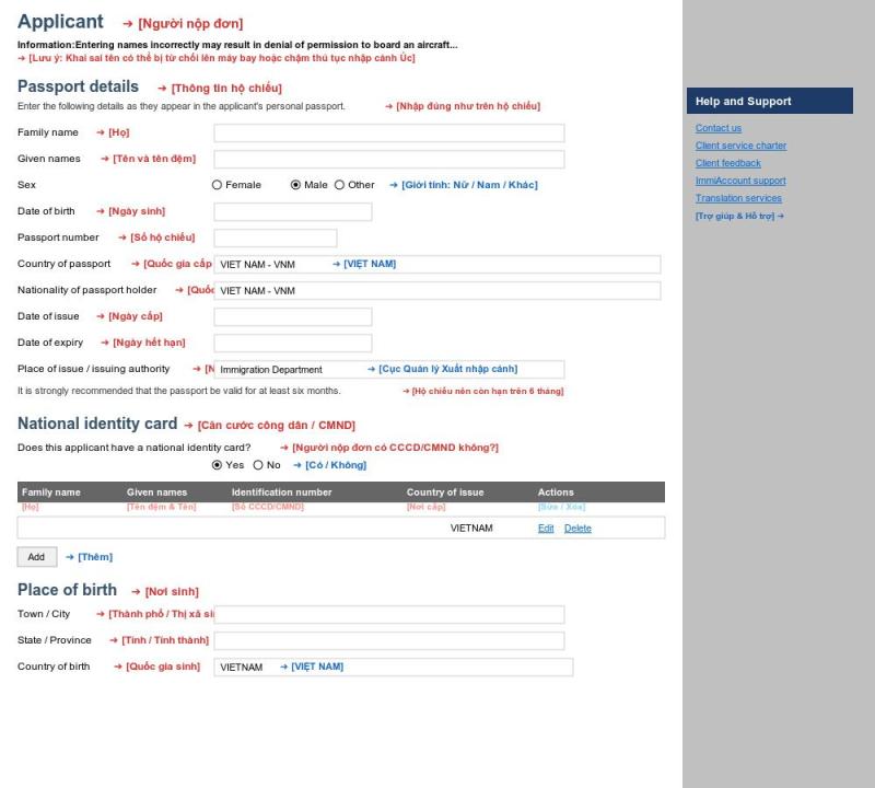 Khai Passport details, căn cước công dân và nơi sinh trên đơn visa Úc